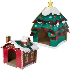 Cat Supplies Store 33 Frisco Holiday Christmas Tree Cardboard Cat House & Frisco Holiday Santa's Workshop Cardboard Cat House